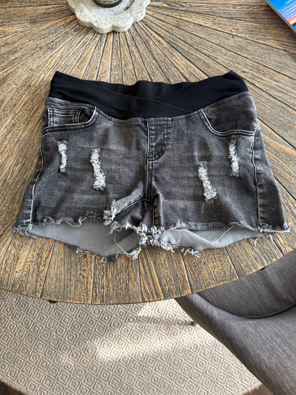 Maternity Black Distressed Denim Shorts with Stretch Waistband